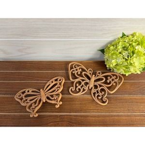 Vintage Boho Homco “Wicker” Composite Butterfly Wall Hanging Pair